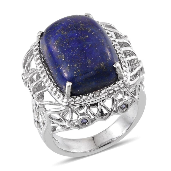 Lapis Lazuli (Cush 15.50 Ct), Iolite and Diamond Ring in Platinum Overlay Sterling Silver 15.760 Ct.