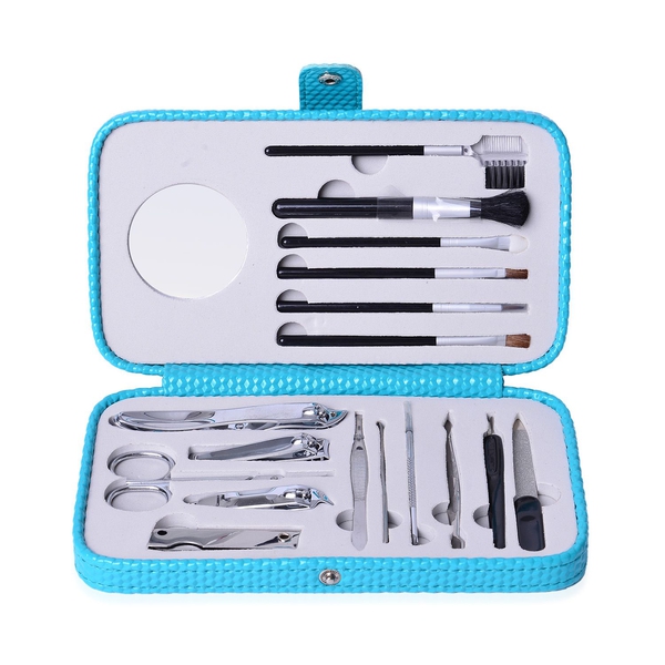 Turquoise Colour Manicure Kit and Makeup brushes (18 Pcs) with Mirror