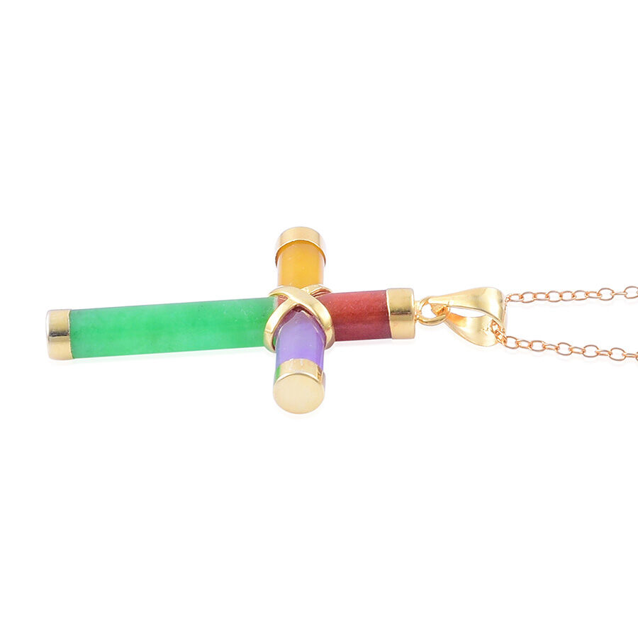 Green, Yellow, Red and Purple Jade Cross Pendant With Chain in Yellow Gold Overlay Sterling Silver 7.500 Ct.