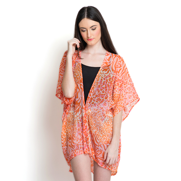 Orange and Pink Colour Printed White Colour Kimono (Free Size)