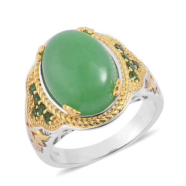 Green Jade (Ovl 12.00 Ct), Chrome Diopside Ring in Platinum and Yellow Gold Overlay Sterling Silver 
