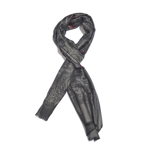 Dark Grey, Light Grey and Red Colour Checks Pattern Reversible Jacquard Scarf with Fringes (Size 190