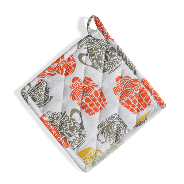Kitchen Textiles White, Grey, Green and Yellow Colour Tea Pot and Glass Printed Apron (Size 75x65 Cm), Glove (32x18 Cm), Pot Holder (Size 20x20 Cm), Kitchen Towel (65x40 Cm) and Bag (45x35 Cm)