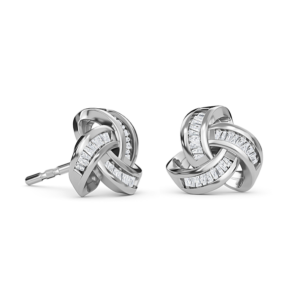Diamond Triple Knot Stud Earrings (with Push Back) in Platinum Overlay Sterling Silver 0.25 Ct.