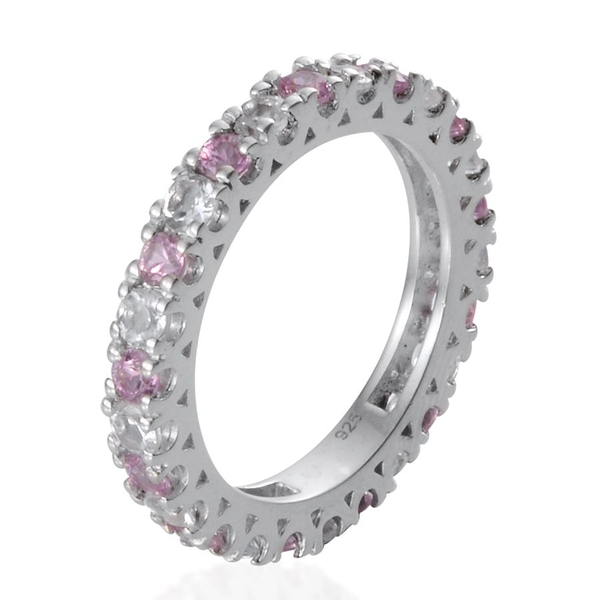 Pink Sapphire (Rnd), White Topaz Full Eternity Ring in Platinum Overlay Sterling Silver 1.650 Ct.