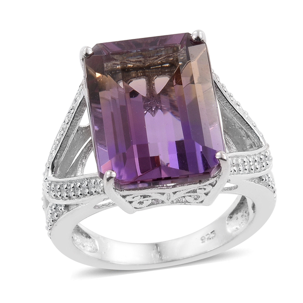 11.50 Ct Ametrine and Zircon Solitaire Ring in Platinum Plated Silver