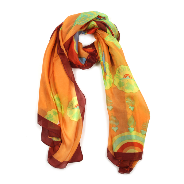 100% Mulberry Silk Multi Colour Floral Pattern Orange Colour Scarf (Size 180x100 Cm)