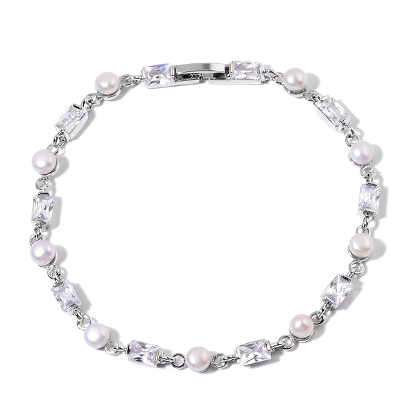 Fresh Water White Pearl and Simulated White Diamond Bracelet (Size 8) in Silver Tone