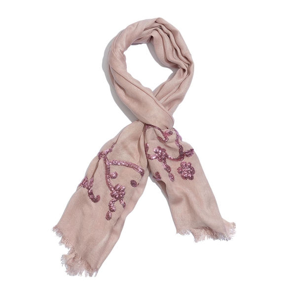 Pink Colour Sequins Embroidered Beige Colour Scarf (Size 180x70 Cm)