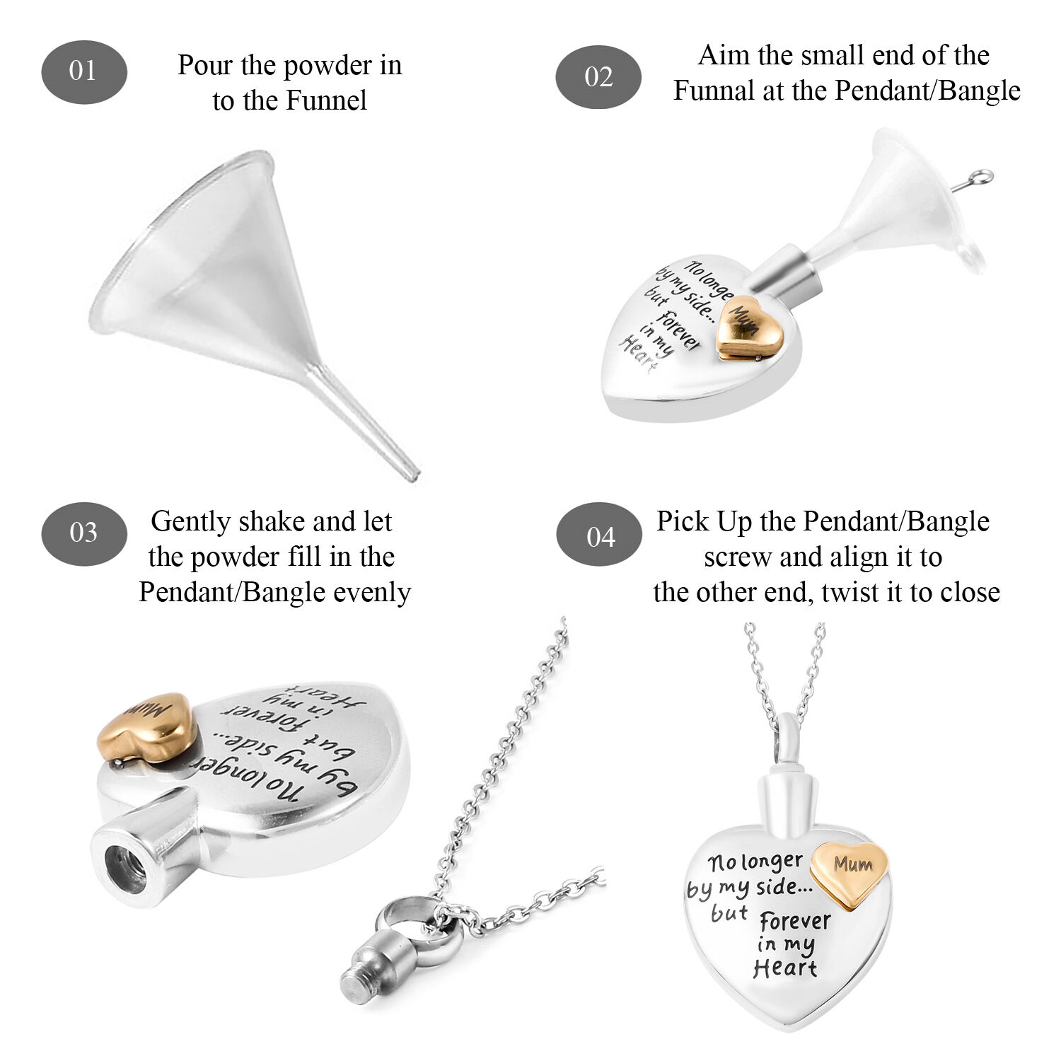 2 Piece Set - Engraved Memorial Mum Heart Pendant with Chain (Size 20) and Funnel with Needle in Dual Tone
