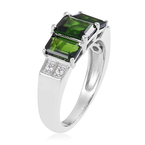 Chrome Diopside (Oct 1.00 Ct), Natural White Cambodian Zircon Ring in Rhodium Plated Sterling Silver 2.300 Ct.