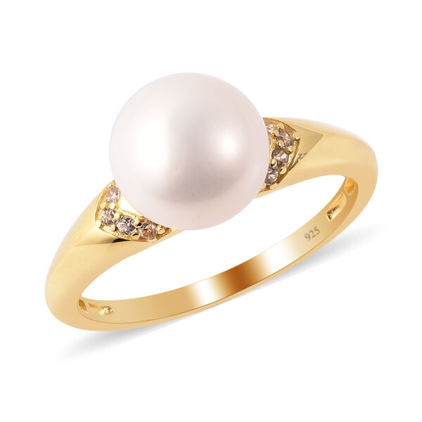 White Edison Pearl and Natural Cambodian Zircon Ring in Yellow Gold ...