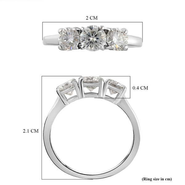 Moissanite 3 Stone Ring in Platinum Overlay Sterling Silver 1.07 Ct.