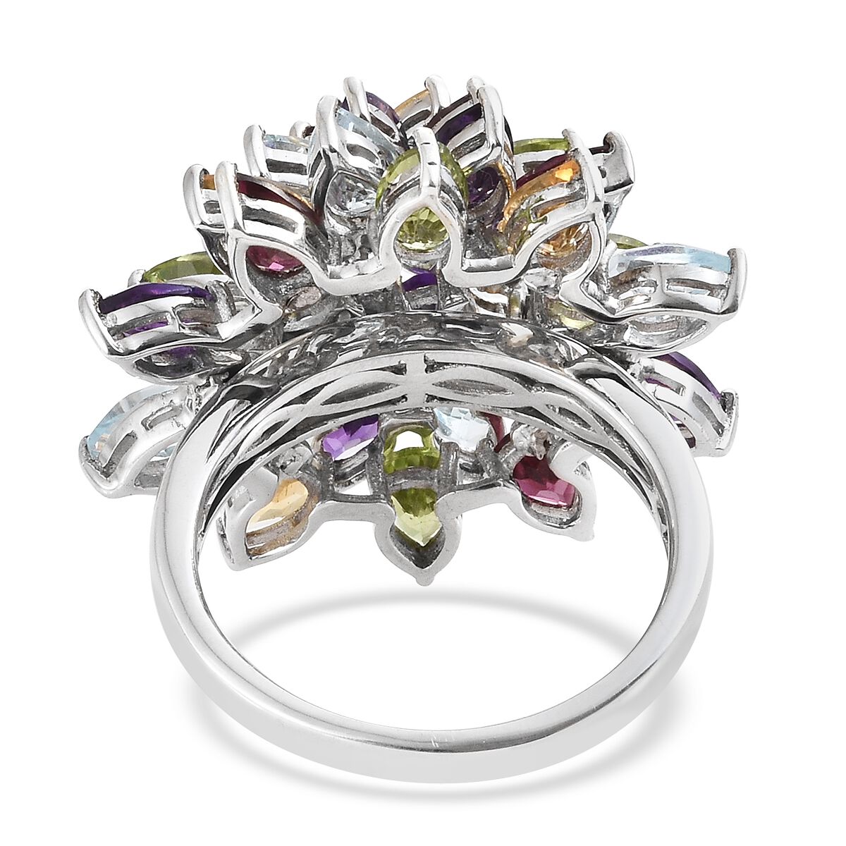 Amethyst (Pear), Hebei Peridot and Multi Gemstone Flower Ring in Platinum Overlay Sterling Silver 10.000 Ct. Silver wt 10.00 Gms.