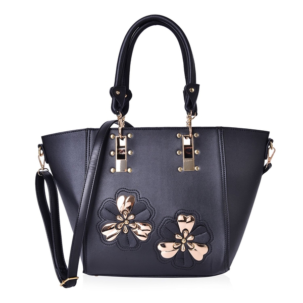 Set of 2 - Black Colour Floral Design Handbag (Size 46X30X30X11 Cm) and Chocolate and Black Colour Leopard Pattern Handbag (Size 30X24X12 Cm) with Adjustable and Removable Shoulder Strap