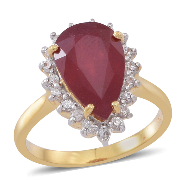 African Ruby (Pear 6.25 Ct), Natural Cambodian White Zircon Ring in 14K Gold Overlay Sterling Silver