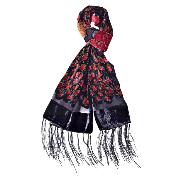 Designer Inspired - Black, Red and Multi Colour Peacock and Floral Pattern Scarf with Tassels (Size 