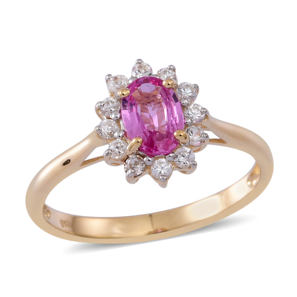 9K Yellow Gold 1.25 Carat Pink Sapphire Oval, Natural Cambodian White Zircon Ring.