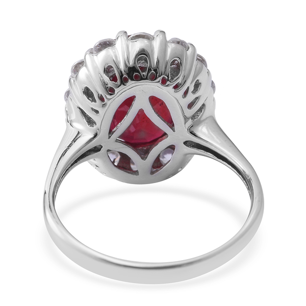 African Ruby (Ovl 9.00 Ct), Natural Cambodian White Zircon Ring in Rhodium Overlay Sterling Silver 11.720 Ct, Silver wt 5.52 Gms