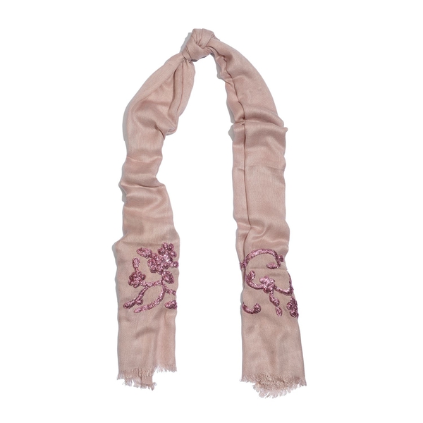 Pink Colour Sequins Embroidered Beige Colour Scarf (Size 180x70 Cm)