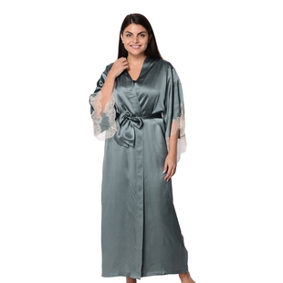 Mulberry Silk Long Robe with Kimono Style Sleeves with Lace  in Gift Box - Teal