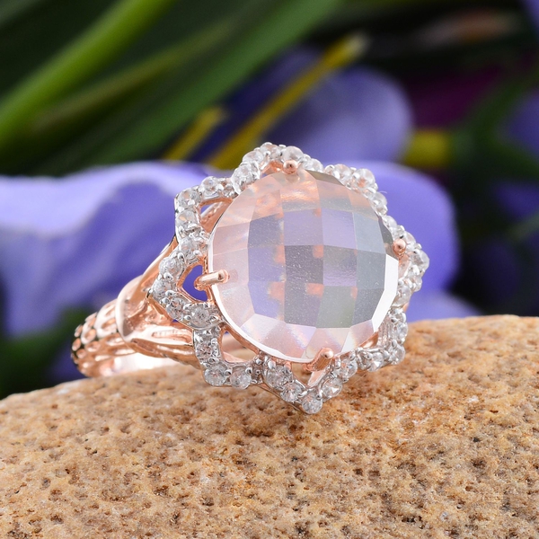 Stefy Checkerboard Cut Rose Quartz (Rnd 6.15 Ct), Natural Cambodian Zircon and Pink Sapphire Ring in Rose Gold Overlay Sterling Silver 7.000 Ct.