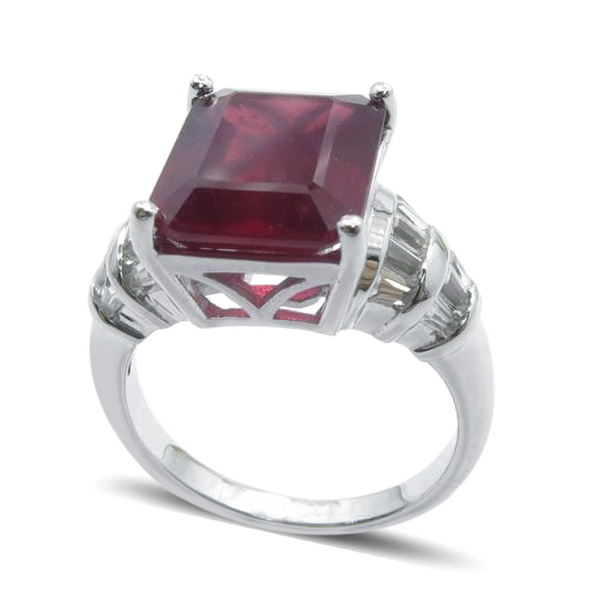 African Ruby (Oct 9.50 Ct), White Topaz Ring in Rhodium Plated Sterling Silver 10.000 Ct.