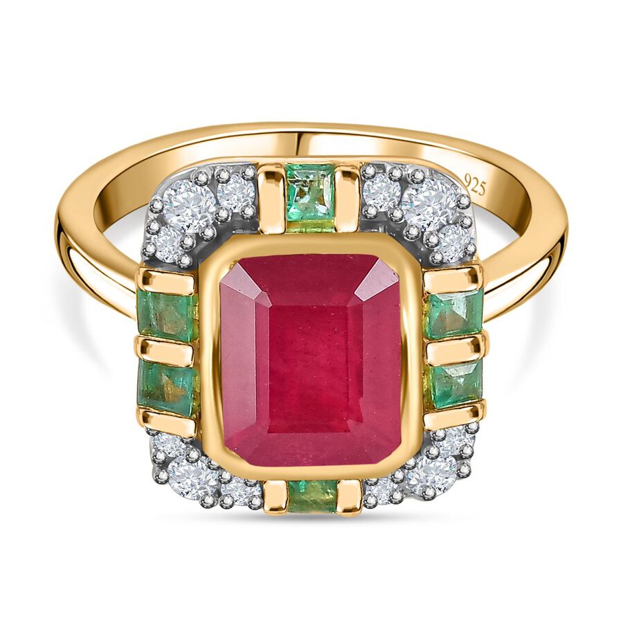 African Ruby, Emerald & Moissanite Halo Ring in 18K Vermeil YG Plated Sterling Silver 4.45 Ct