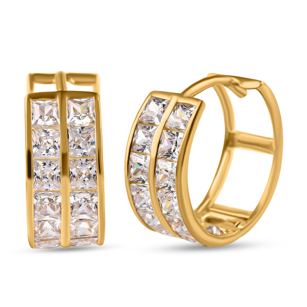 9K Yellow Gold Cubic Zirconia Double Row Huggie Earrings (with Clasp)