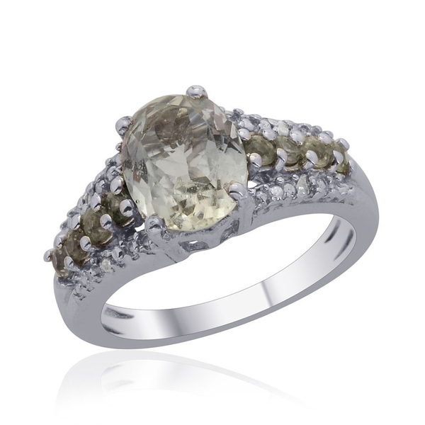 Green Sillimanite (Ovl 1.75 Ct), Green Sapphire and Diamond Ring in Platinum Overlay Sterling Silver