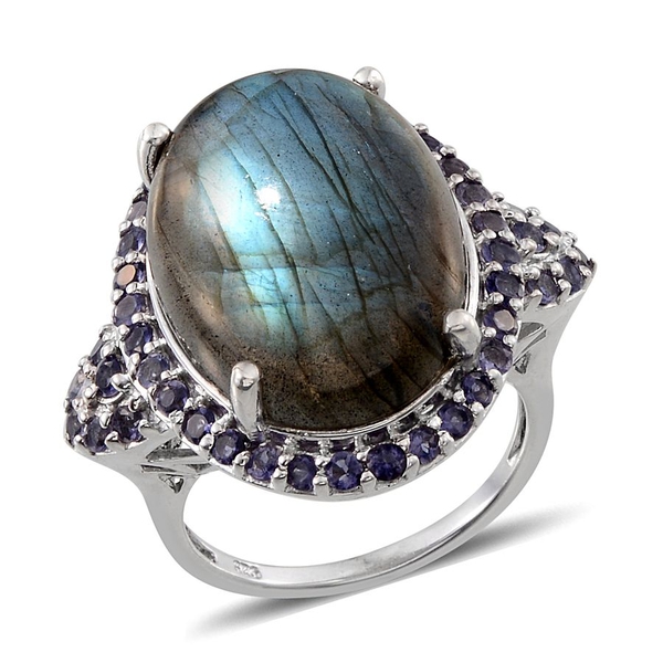 Labradorite (Ovl 18.15 Ct), Iolite Ring in Platinum Overlay Sterling Silver 20.000 Ct. Silver wt 8.0