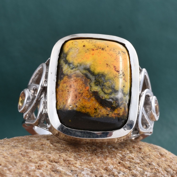 Bumble Bee Jasper (Cush 16.10 Ct), Yellow Sapphire Ring in Platinum Overlay Sterling Silver 16.500 Ct.