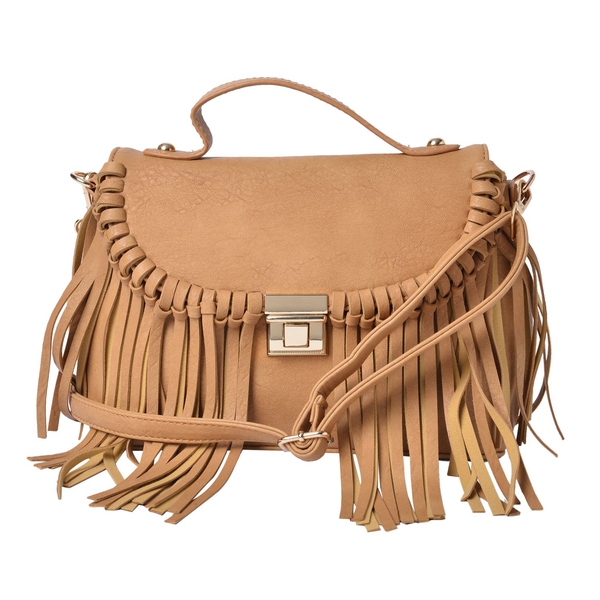 Beige Colour Crossbody Bag with Tassels and Removable, Adjustable Shoulder Strap (Size 26x20x11.5 Cm