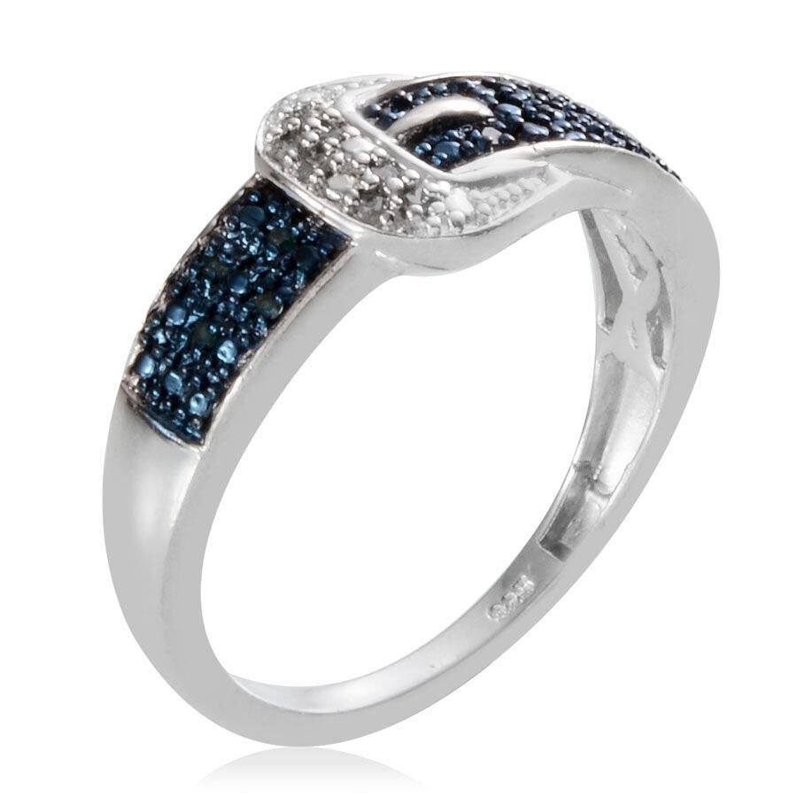 Blue Diamond (Rnd), Diamond Buckle Ring in Platinum Overlay Sterling Silver 0.100 Ct.