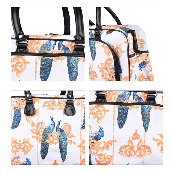 Peacock Pattern Travel Bag with Shoulder Strap and Zipper Closure (Size:43x25x18Cm) - White