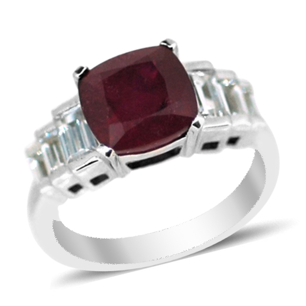 African Ruby (Cush 4.80 Ct), Natural Cambodian White Zircon Ring in Rhodium Plated Sterling Silver 6