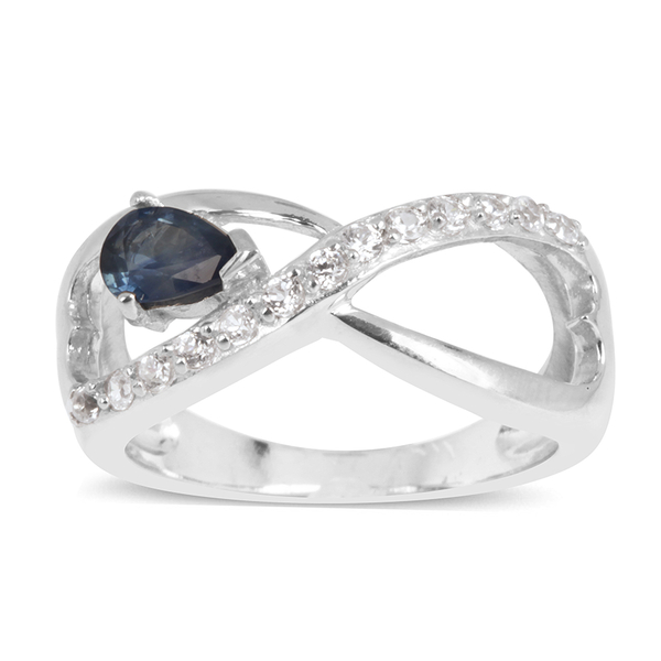 Kanchanaburi Blue Sapphire (Pear 0.75 Ct), Natural Cambodian Zircon Ring in Rhodium Plated Sterling 