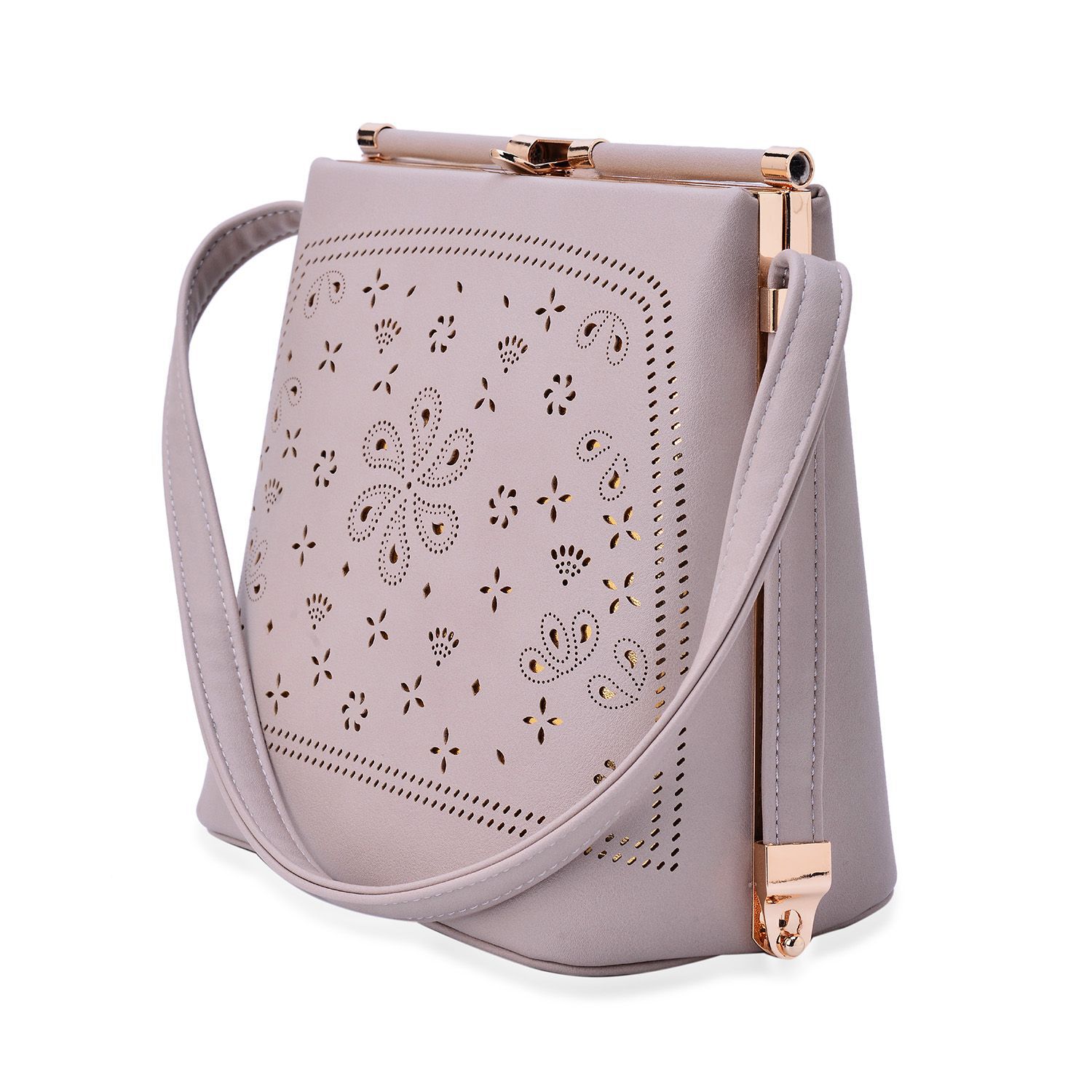 Laser Cut Floral Pattern Cream Colour Clutch Bag With Unique Adjustable Strap (Size 20x20x15 Cm)