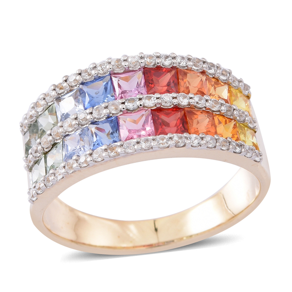 9K Y Gold AAA Rainbow Sapphire (Princess Cut), Natural Cambodian Zircon Ring 3.500 Ct. Gold Wt. 4.25