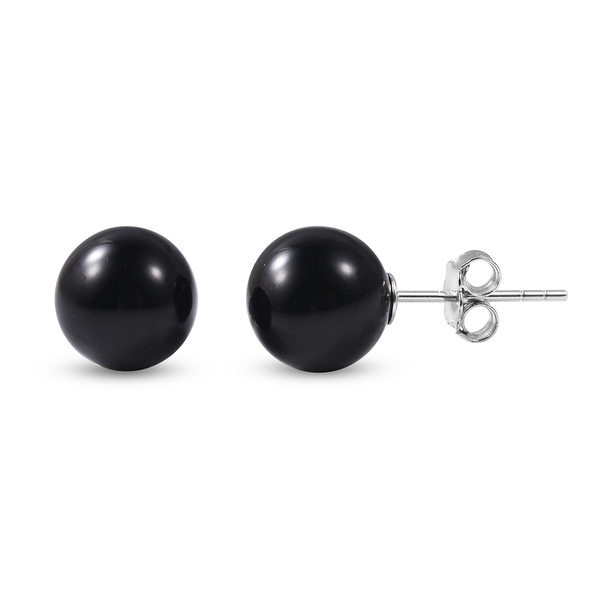 Black Agate (Rnd) Stud Earrings (with Push Back) in Rhodium Overlay Sterling Silver 8.00 Ct.