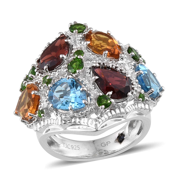 GP Electric Swiss Blue Topaz (Pear), Mozambique Garnet, Citrine, Chrome Diopside and Kanchanaburi Blue Sapphire Ring in Platinum Overlay Sterling Silver 8.200 Ct.
