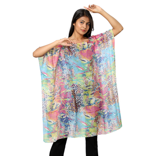 100% Mulberry Silk Digital Printed Kaftan in Pink and Sky Blue (Size 95x90Cm)