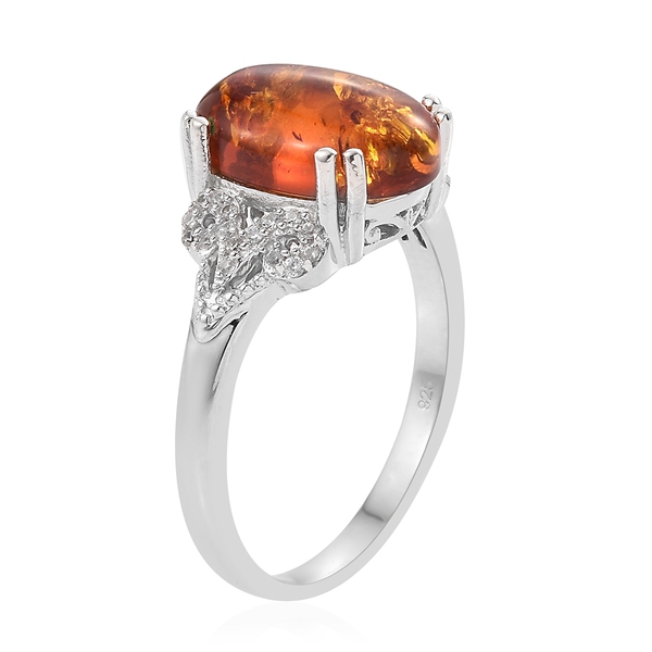 Baltic Amber (Ovl 2.00 Ct), Natural Cambodian Zircon Ring in Platinum Overlay Sterling Silver 2.250 Ct.