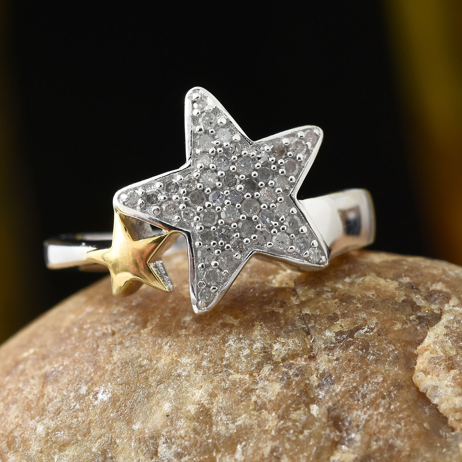 GP Diamond (Rnd), Kanchanaburi Blue Sapphire Star Ring in Platinum Overlay Sterling Silver  0.270 Ct.