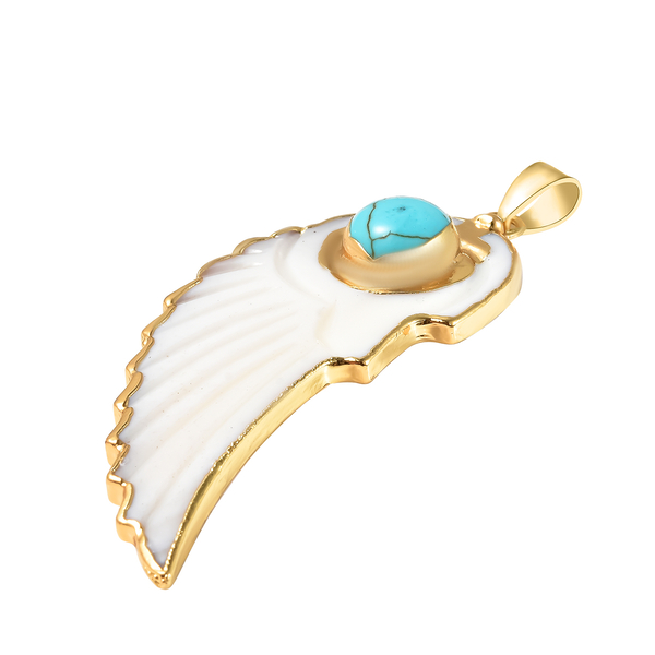 2 Piece Set - Blue Howlite and White Shell Pearl Angel Wing Pendant with Chain (Size 24 with 2 inch Extender) & Hook Earrings in Yellow Gold Tone