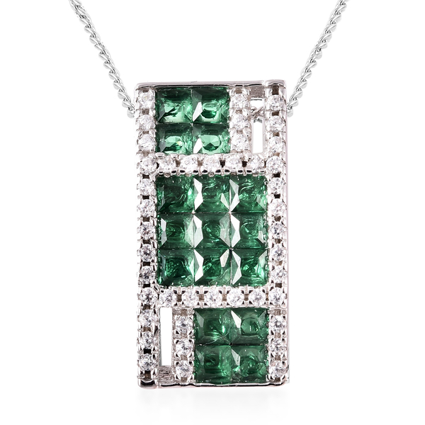 Lustro Stella - Simulated Emerald and Simulated Diamond Pendant with Chain (Size 18) in Platinum Ove
