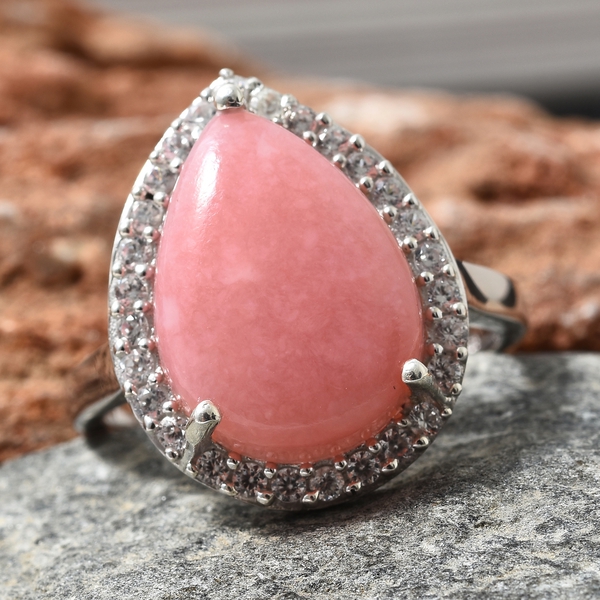 Peruvian Pink Opal (Pear 7.00 Ct), Natural Cambodian Zircon Halo Ring in Platinum Overlay Sterling Silver 7.750 Ct.