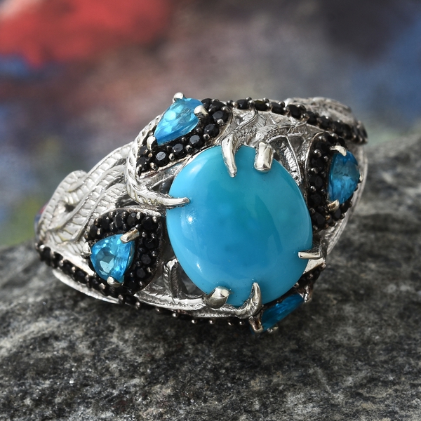 AA Arizona Sleeping Beauty Turquoise (Ovl 4.15 Ct), Malgache Neon Apatite and Boi Ploi Black Spinel Ring in Black Rhodium and Platinum Overlay Sterling Silver 5.750 Ct. Silver wt 6.80 Gms.
