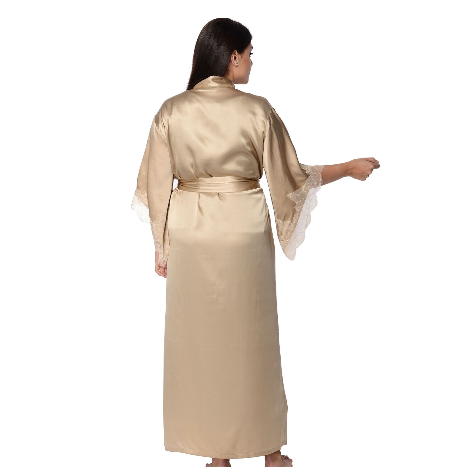 Super Auction 100% Mulberry Silk Long Robe with Kimono Style Sleeves with Lace in Gift Box in Golden Colour