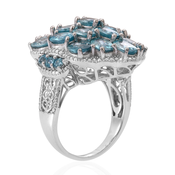 Natural Cambodian Blue Zircon (Ovl) Cluster Ring in Rhodium Plated Sterling Silver 25.000 Ct.